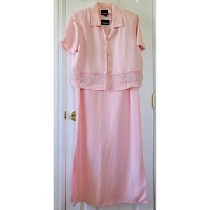 Positive Attitude Dress 2 Piece Size 12 Pink Embroidered Shortsleeve Linen Blend